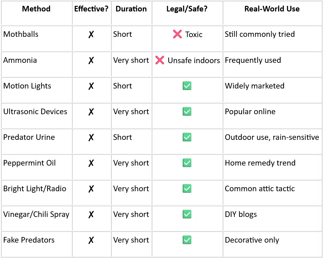 How effective are DIY raccoon repellents? diy raccoon repellents efficacy chart